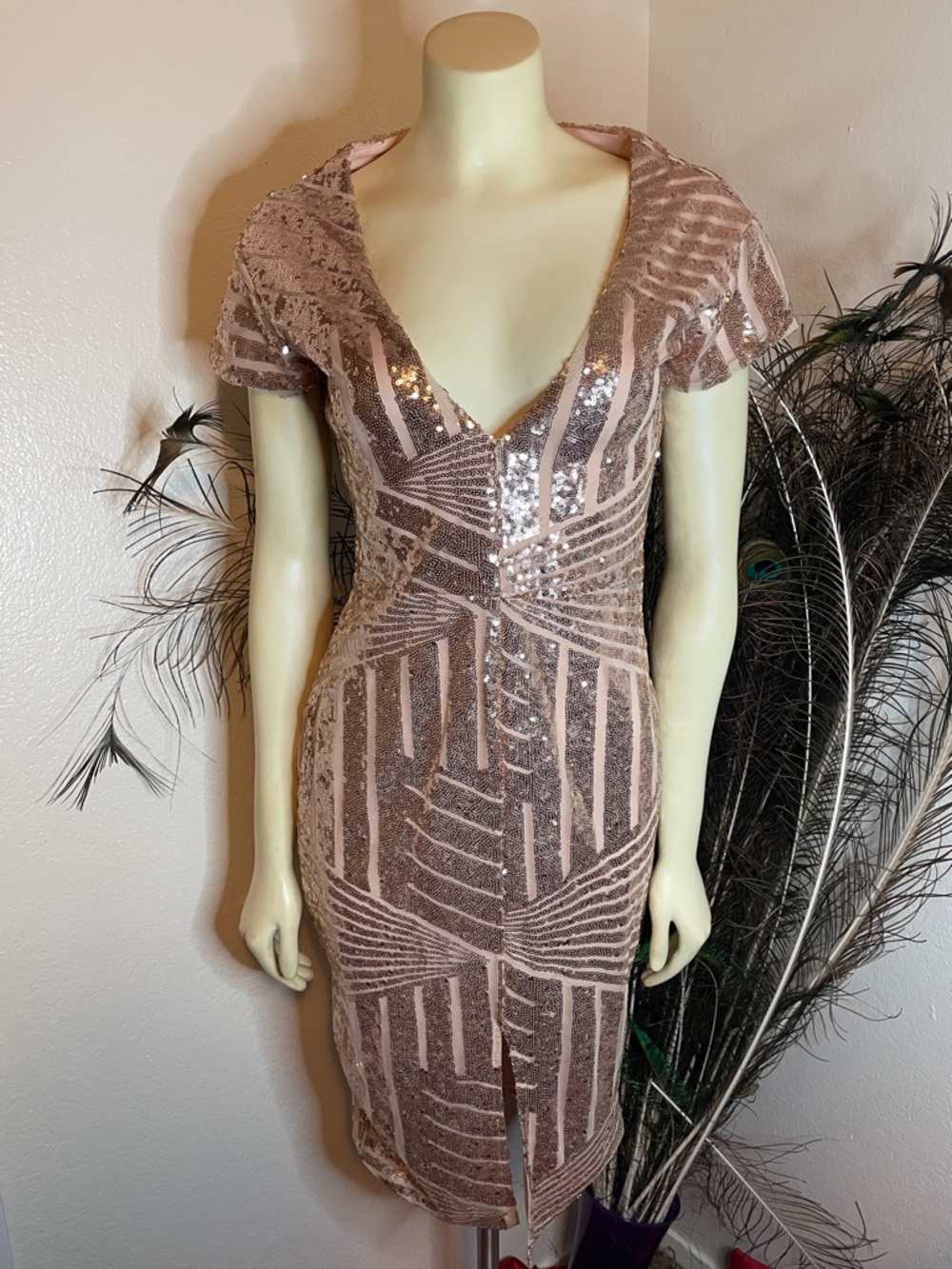 Rose-Gold Sequin V-Neck Midi Dress